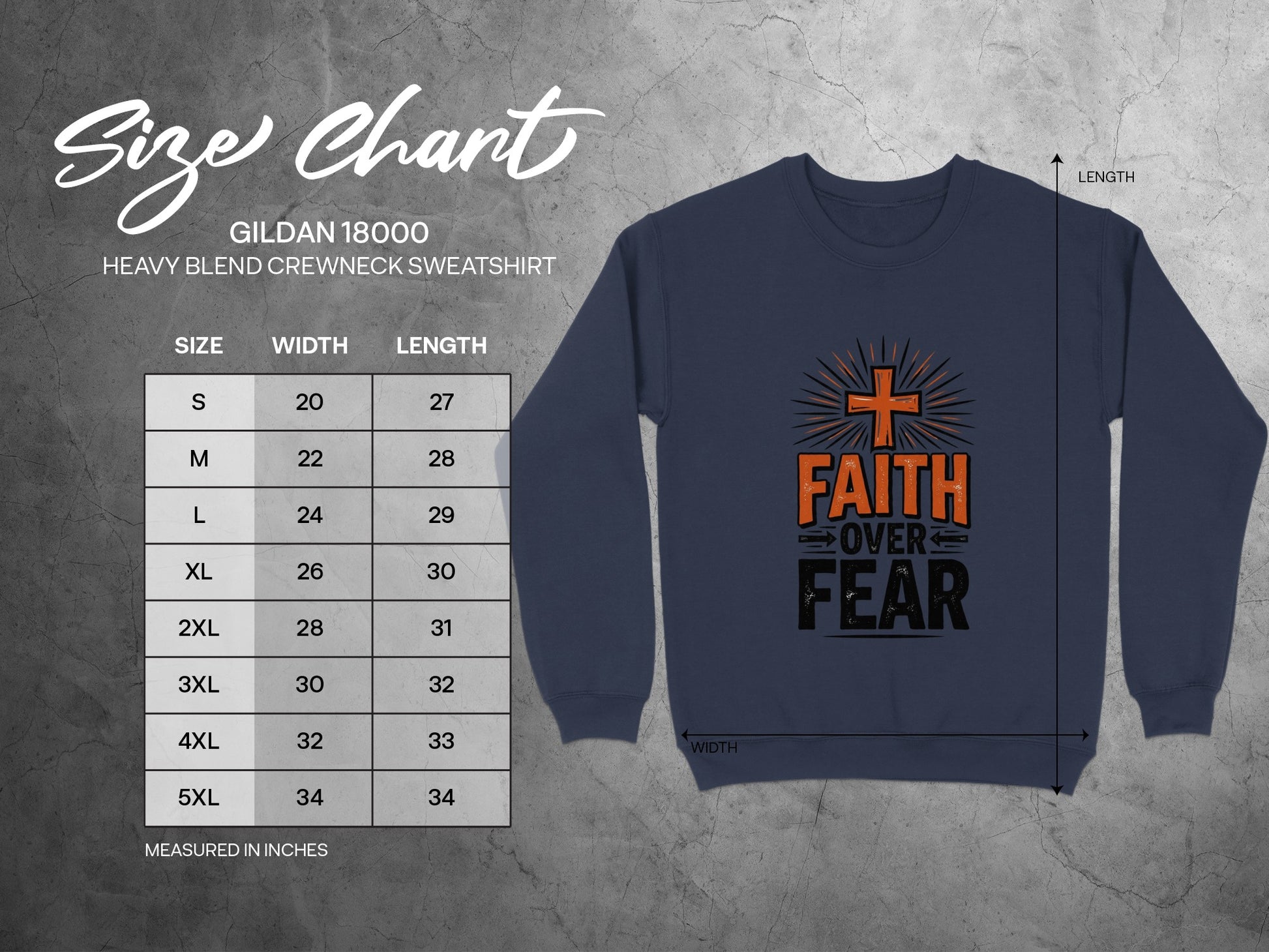 Gildan 18000 sweatshirt size chart with "Faith Over Fear" graphic.