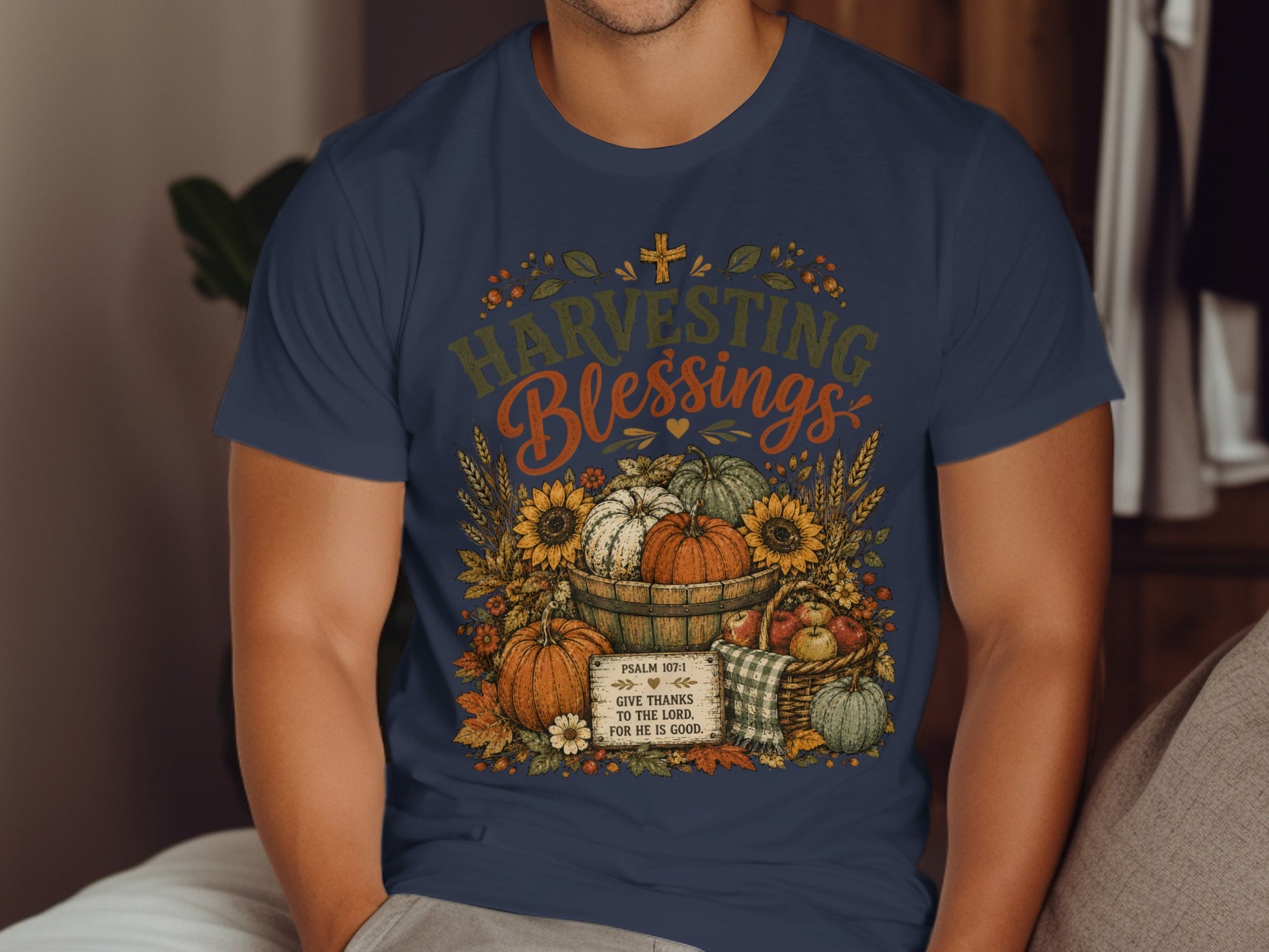 Harvesting Blessings text with pumpkins, sunflowers, and Psalm 107:1 scripture.