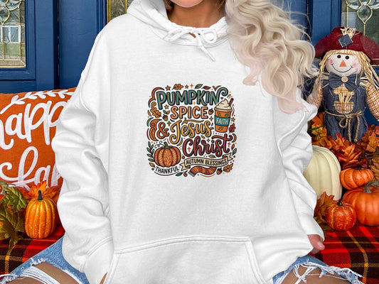White hoodie with "Pumpkin & Jesus" autumn themed graphic.