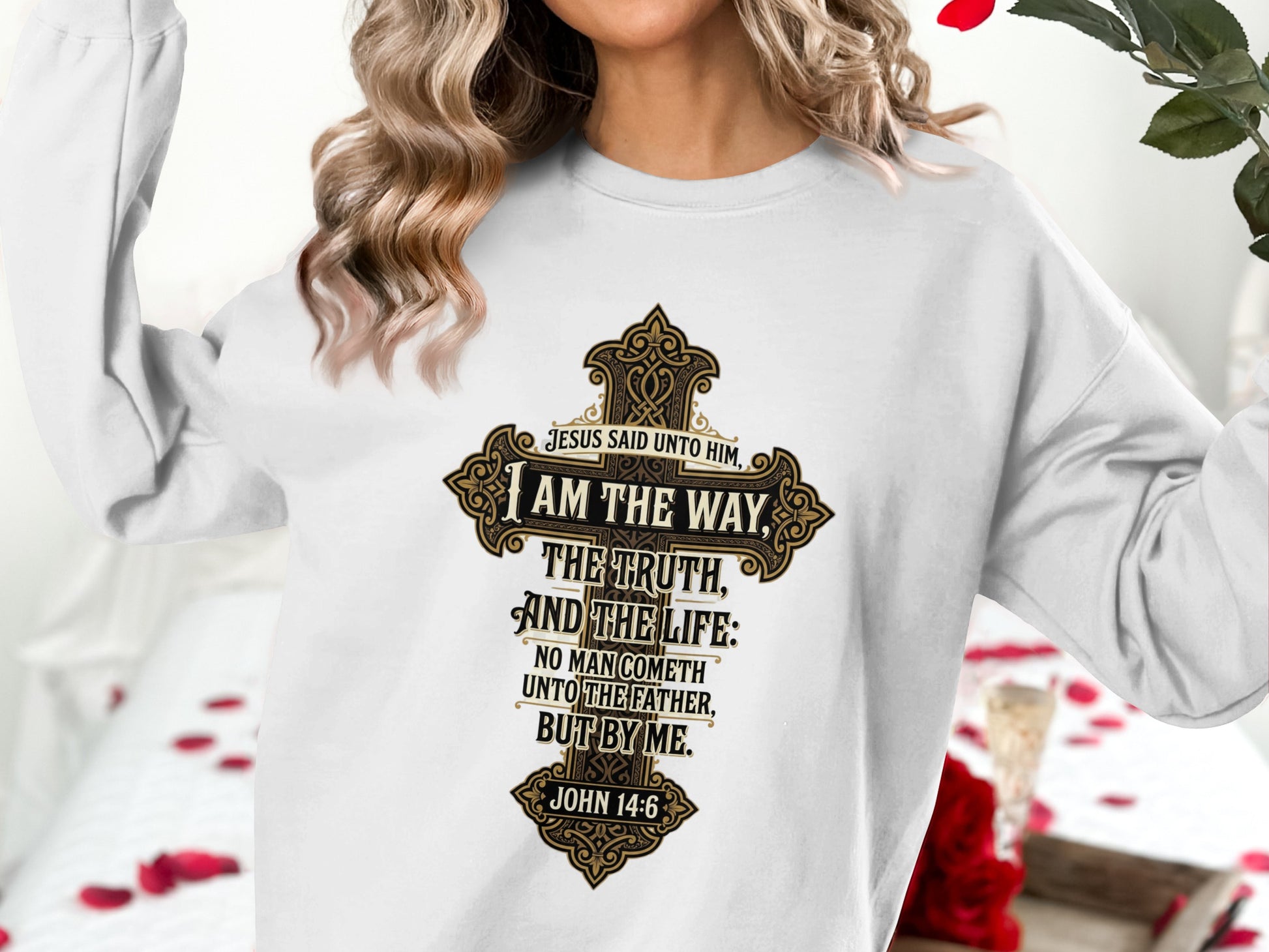 Crewneck sweatshirt with John 14:6 Bible verse about Jesus being the way, truth, and life.