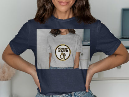 Navy t-shirt featuring a circular graphic with a microphone and cross, labeled "WORSHIP LEADER".