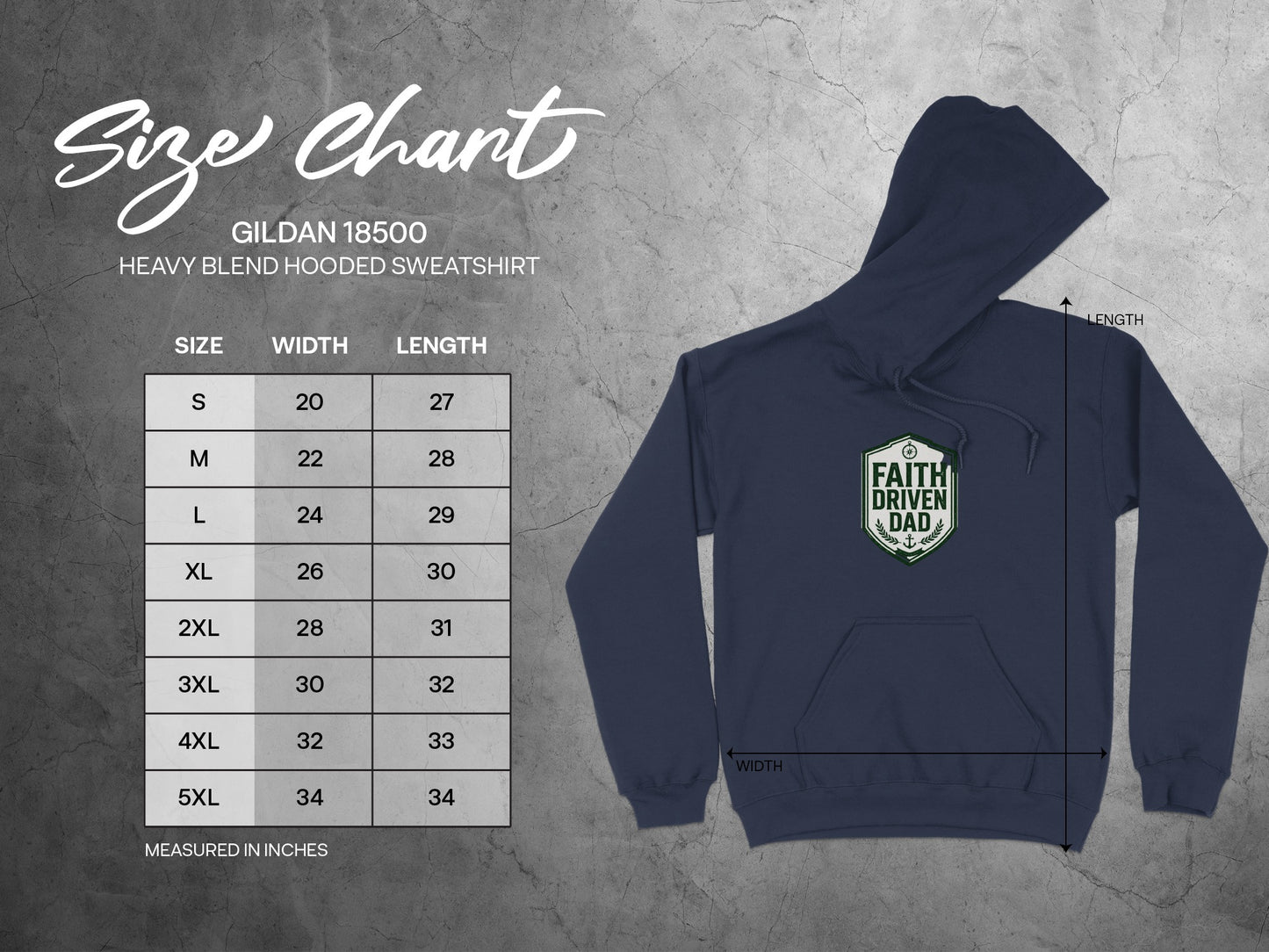 Gildan 18500 hooded sweatshirt size chart with width and length measurements.