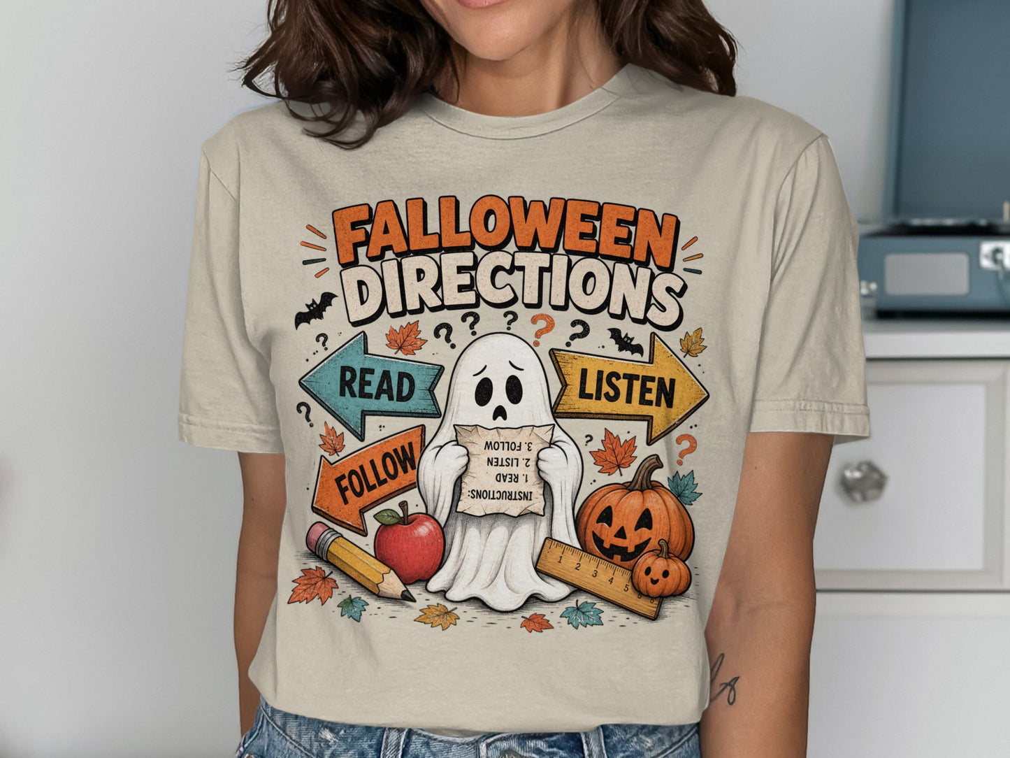 Falloween Directions graphic with ghost, pumpkins, pencil, and arrows.