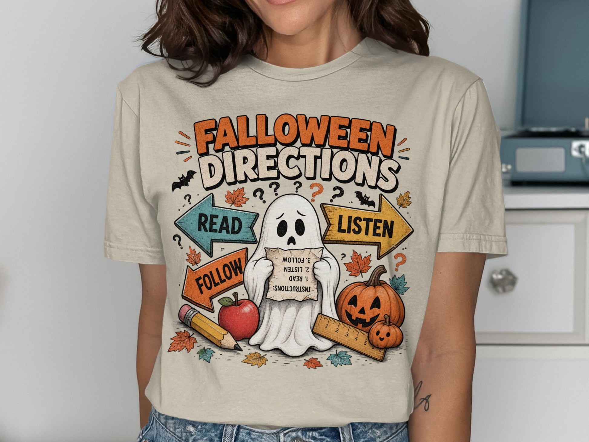 Falloween Directions graphic with ghost, pumpkins, pencil, and arrows.