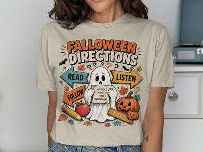 Falloween Directions graphic with ghost, pumpkins, pencil, and arrows.
