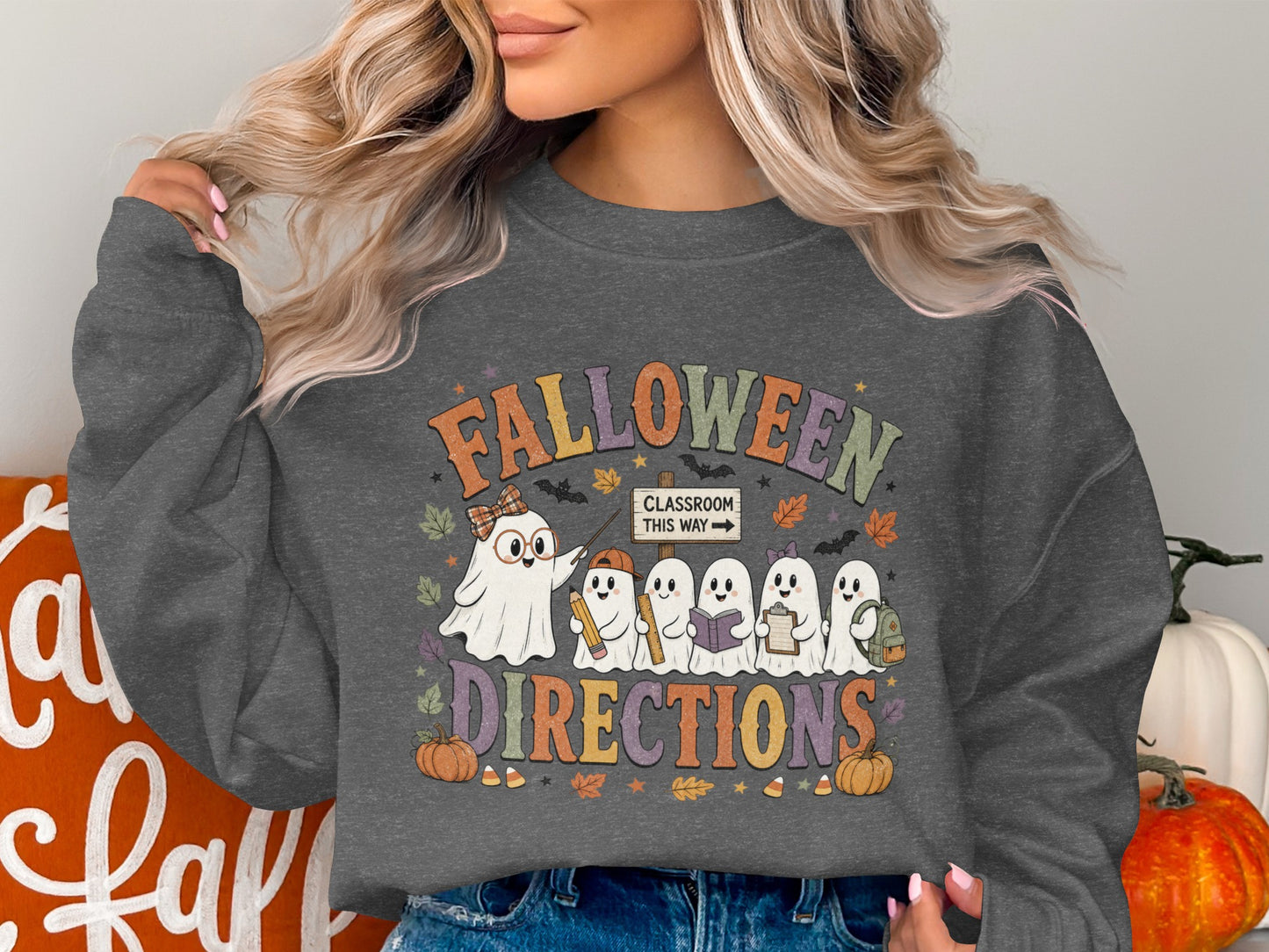 Falloween Directions ghosts graphic with classroom sign.