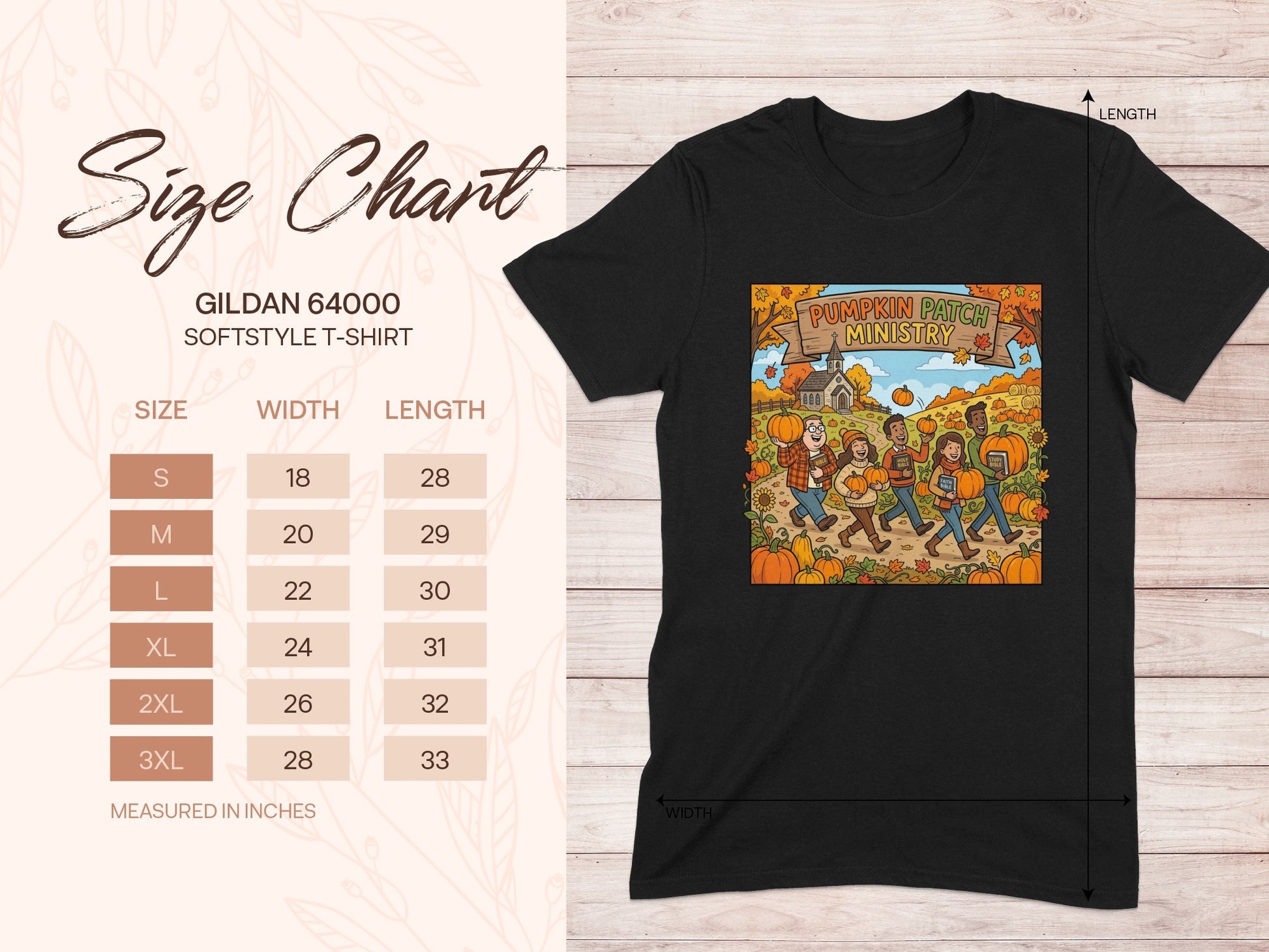 Gildan 64000 t-shirt size chart with ministry graphic.