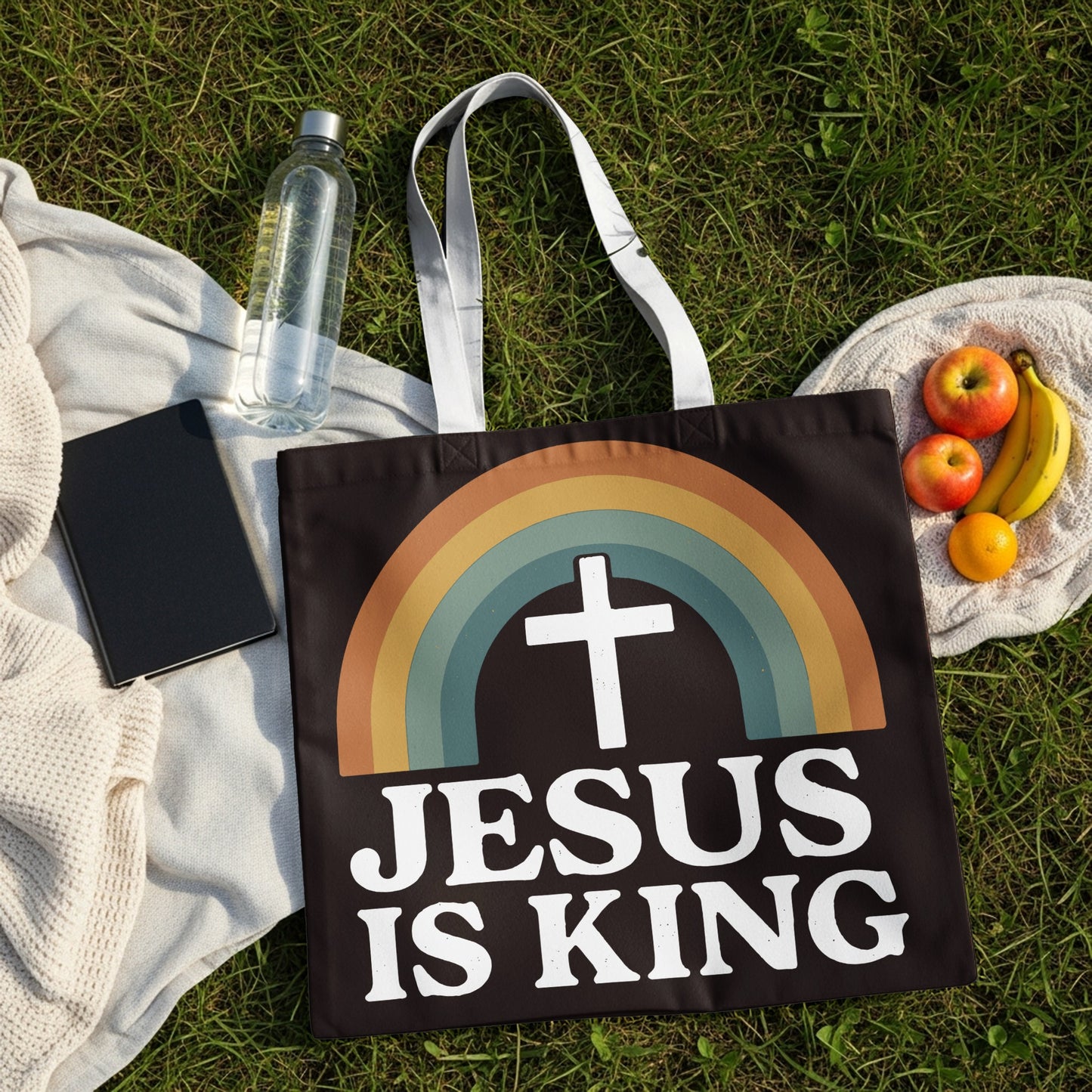 Black tote bag with rainbow, cross, and text "JESUS IS KING".