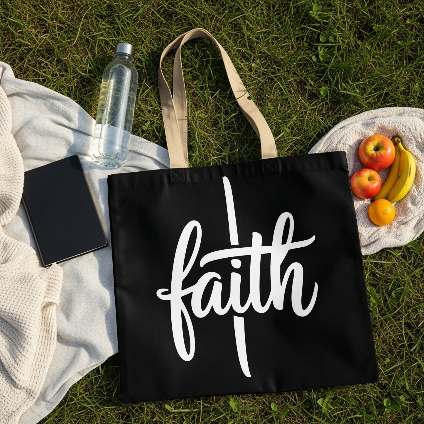 Black tote bag with white "faith" text on a picnic blanket with fruit and water.