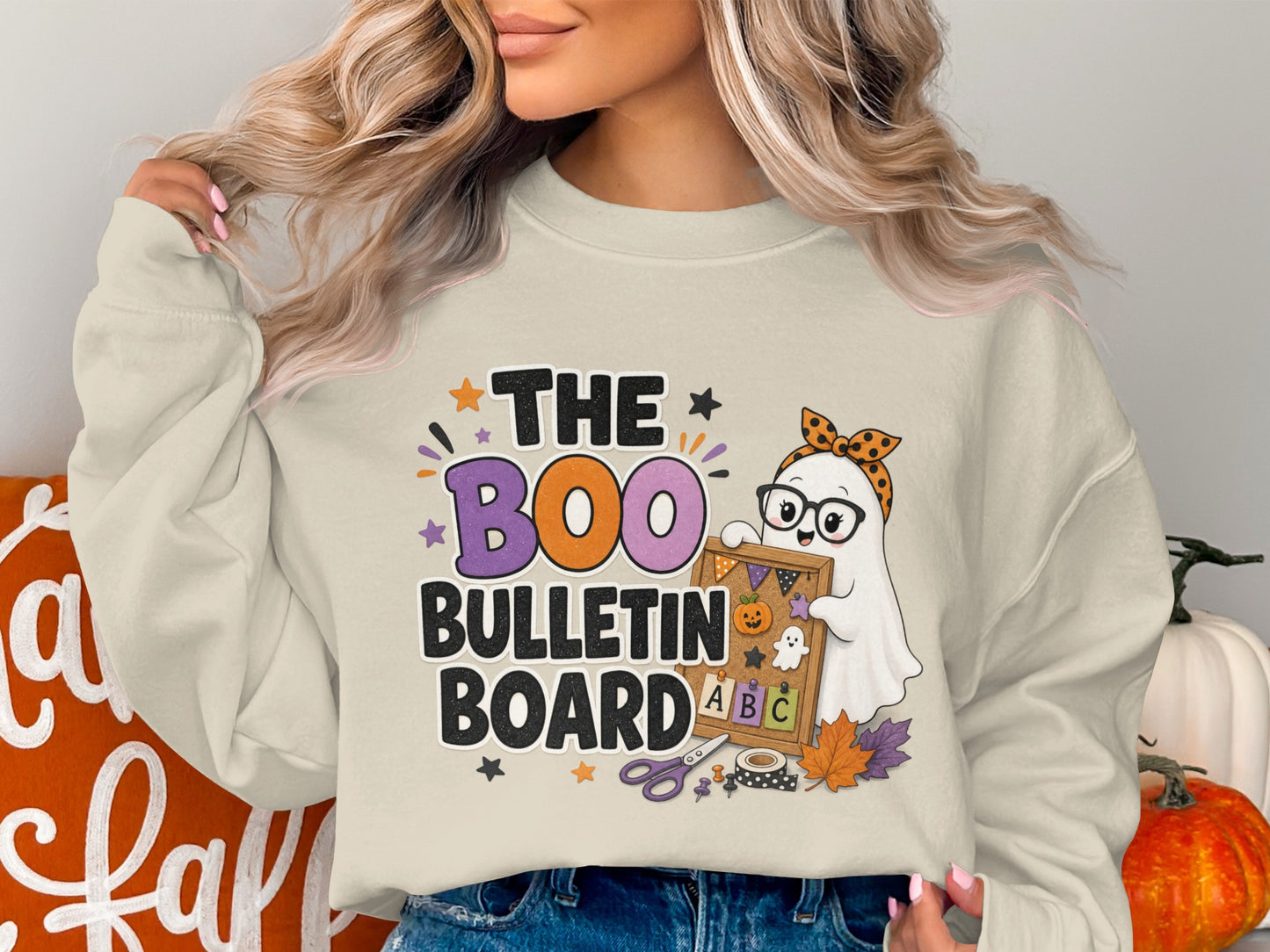 Crewneck sweatshirt featuring a ghost with glasses holding a "Boo Bulletin Board" sign.