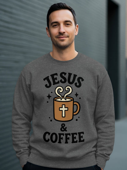 Gray sweatshirt with "Jesus & Coffee" text and coffee cup with cross.