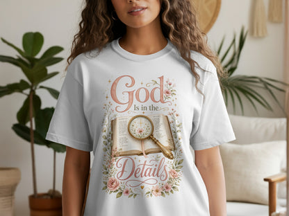 White t-shirt with "God Is in the Details" and Bible verses.