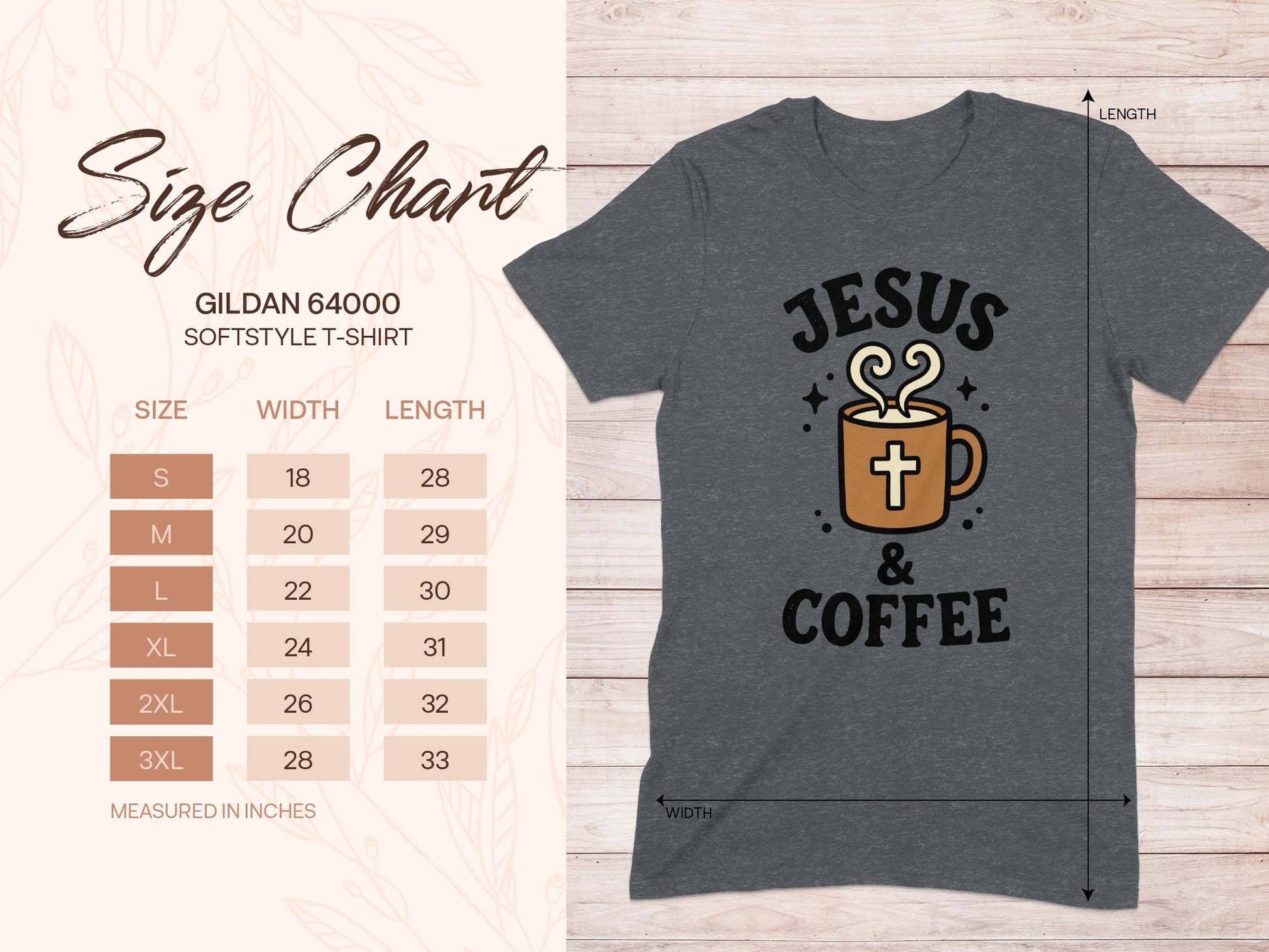 Gildan 64000 softstyle t-shirt size chart with Jesus & Coffee graphic.