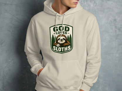 Cream hoodie with "God Loves Sloths" text and sloth graphic.