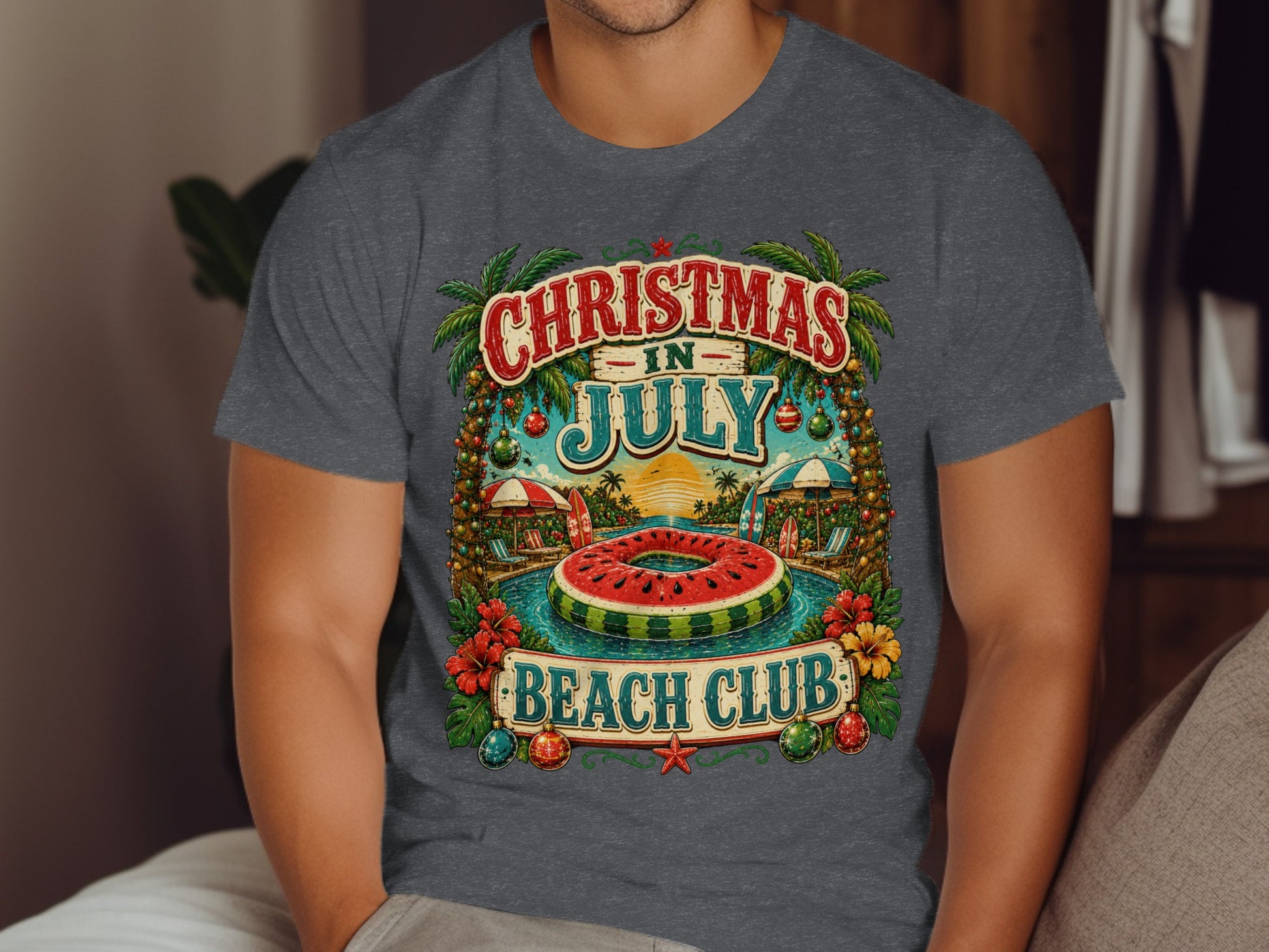 Christmas in July Beach Club graphic tee with watermelon float.