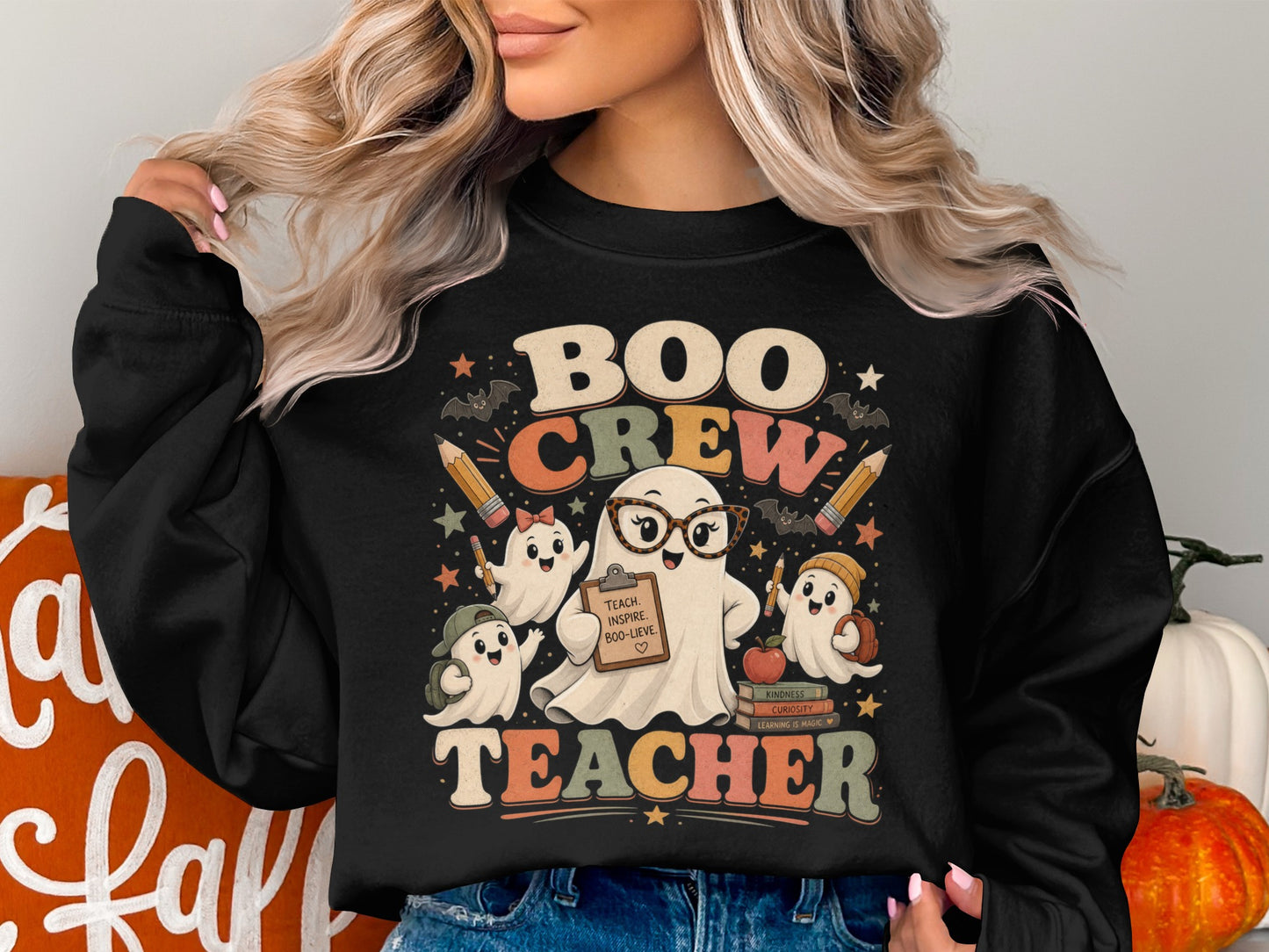 Boo Crew Teacher graphic with ghosts, books, apple, and pencils.