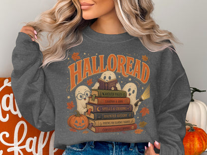 Halloween-themed graphic with ghosts, books, and a pumpkin.
