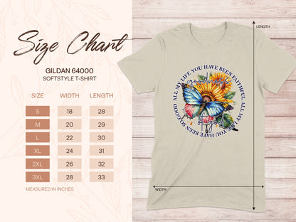 Gildan 64000 t-shirt size chart with measurements and graphic of sunflower.