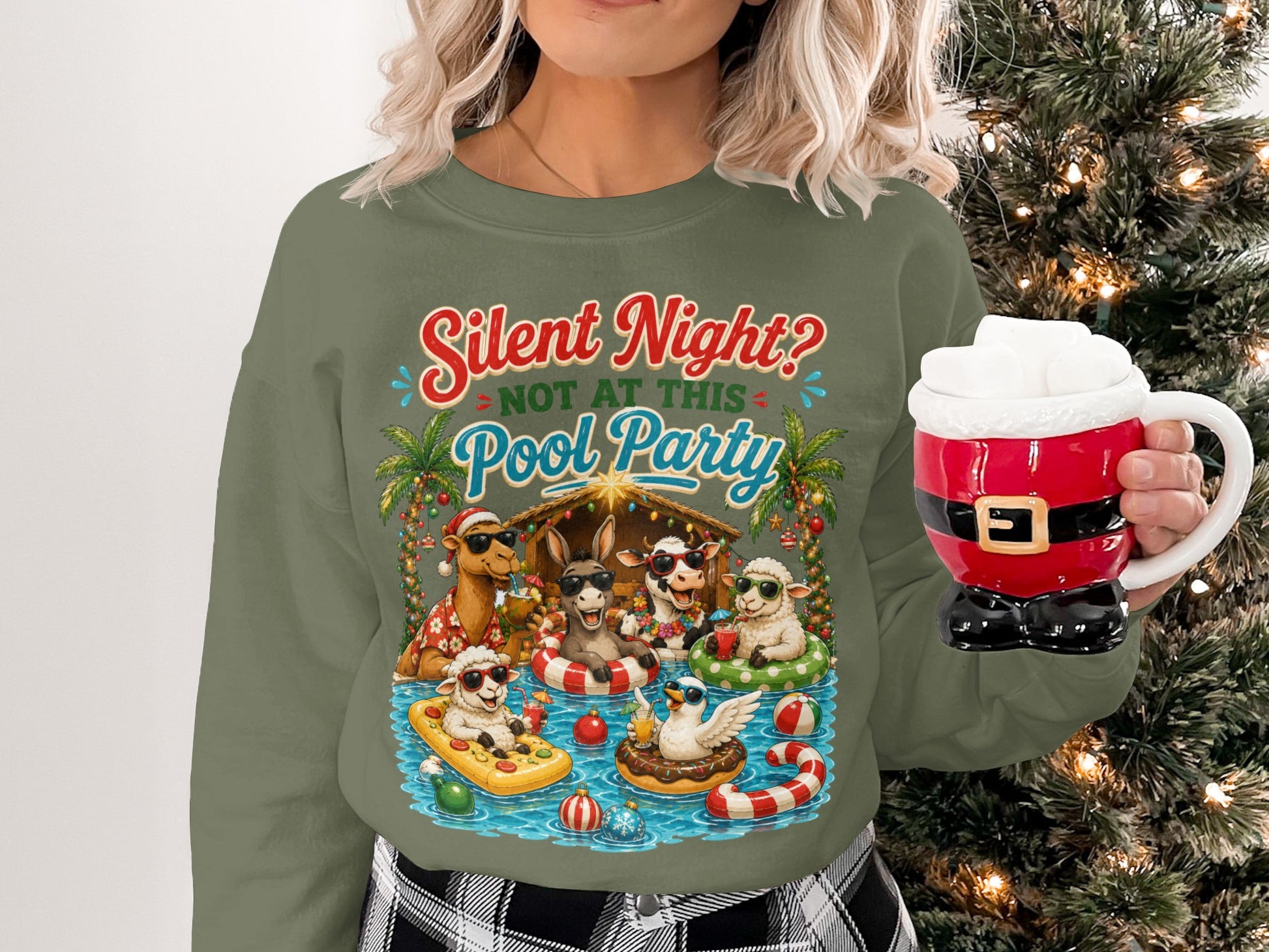 Sweatshirt with "Silent Night? Not at This Pool Party" text featuring animals by a pool.