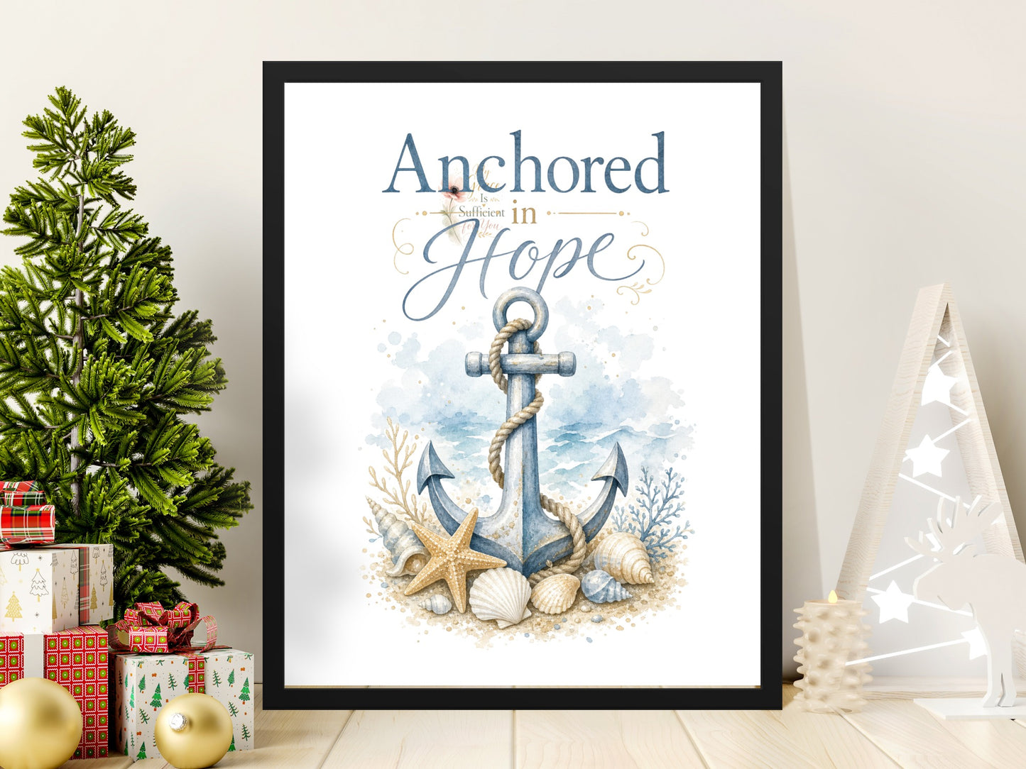 "Anchored in Hope" text above a watercolor anchor, seashells, and starfish on the beach.