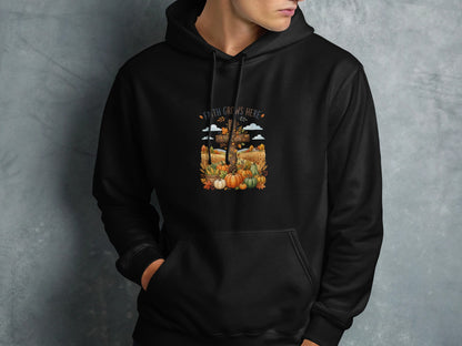 Black hoodie with "Faith Grows Here" text and a fall harvest scene.