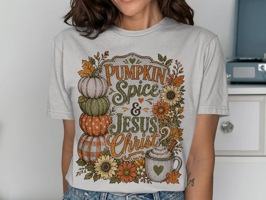 T-shirt with "Pumpkin Spice & Jesus Christ" text and autumn illustrations.