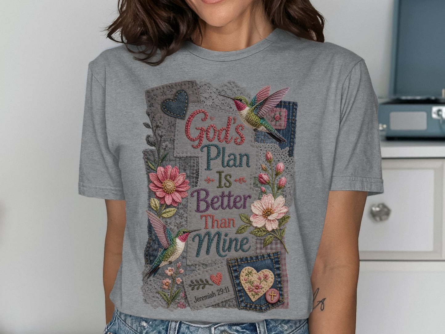 Grey t-shirt with "God's Plan Is Better Than Mine" and hummingbirds.