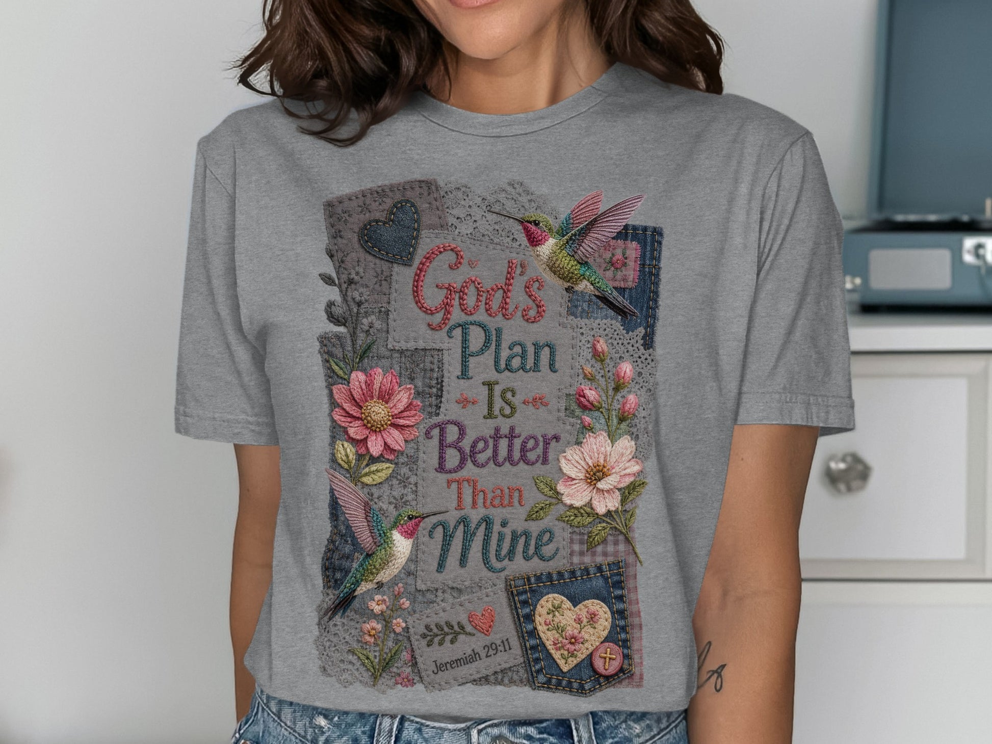 Grey t-shirt with "God's Plan Is Better Than Mine" and hummingbirds.