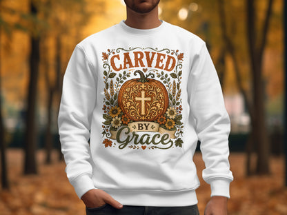 White sweatshirt with "Carved By Grace" text and pumpkin design.