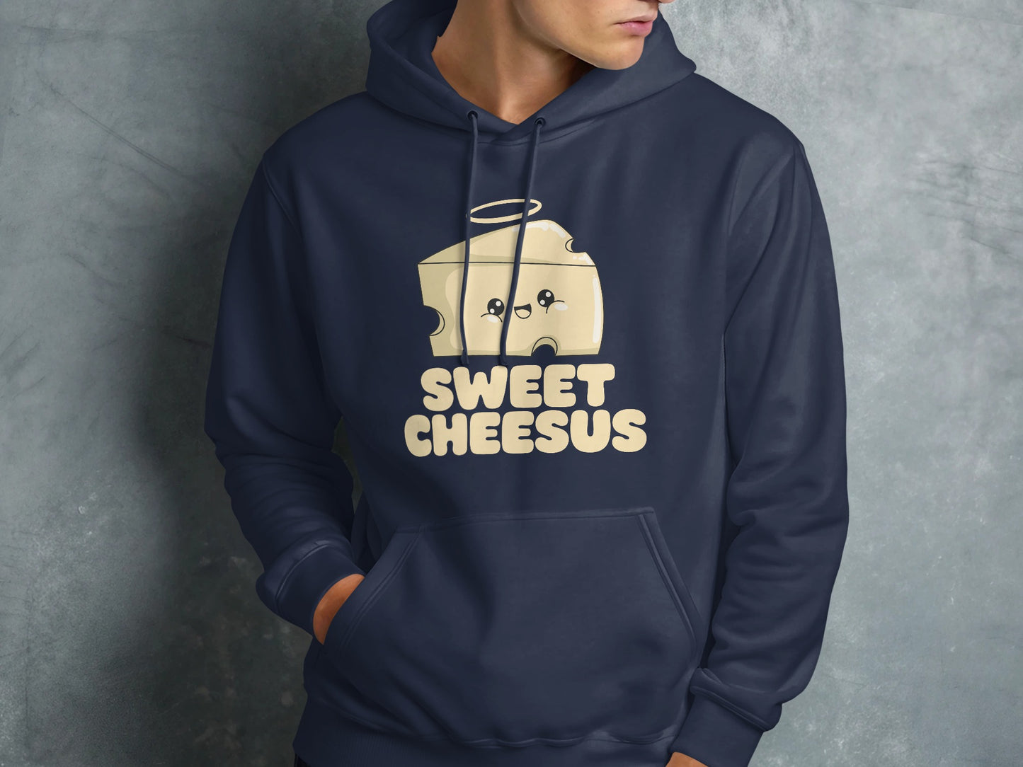 Navy hoodie featuring "Sweet Cheesus" text and a smiling cheese slice graphic.