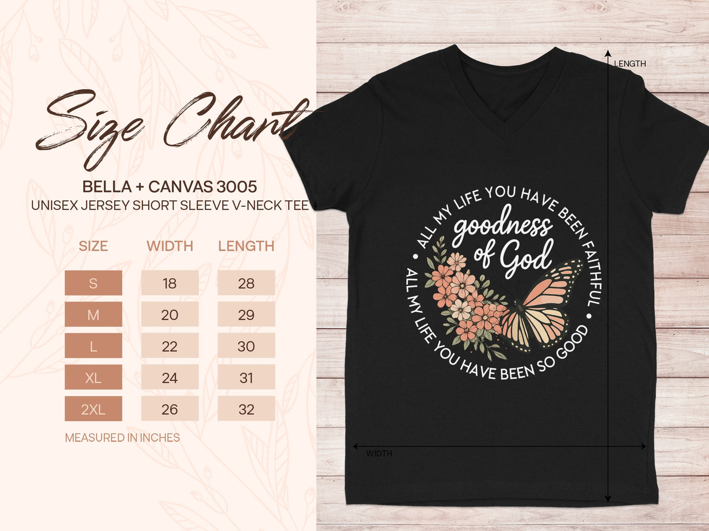 Bella + Canvas 3005 unisex v-neck tee size chart with garment dimensions.