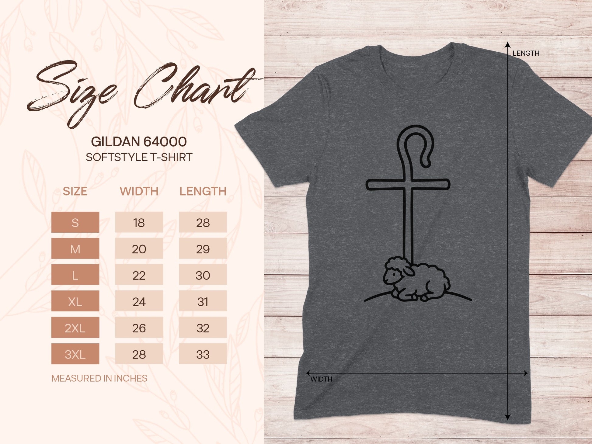 Gildan 64000 softstyle t-shirt size chart with width and length measurements.