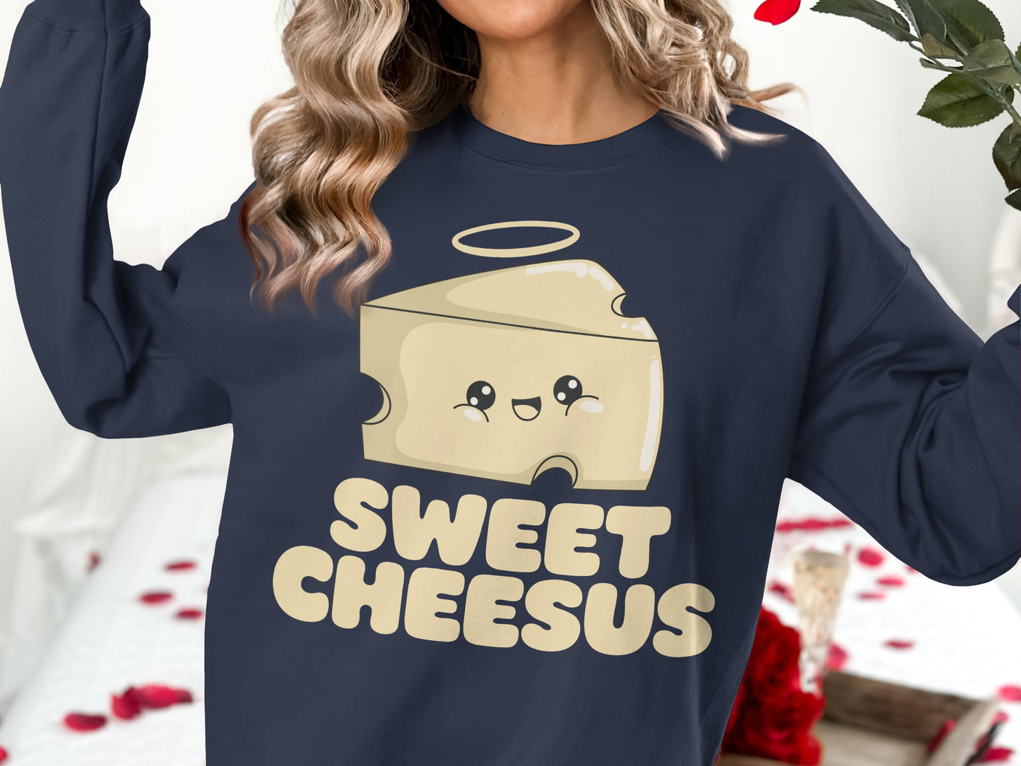 Navy sweatshirt with "Sweet Cheesus" text and a haloed cheese character.