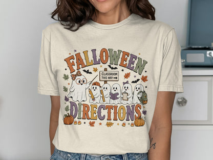 Falloween Directions: cheerful ghosts with classroom sign, pumpkins, and candy corn.