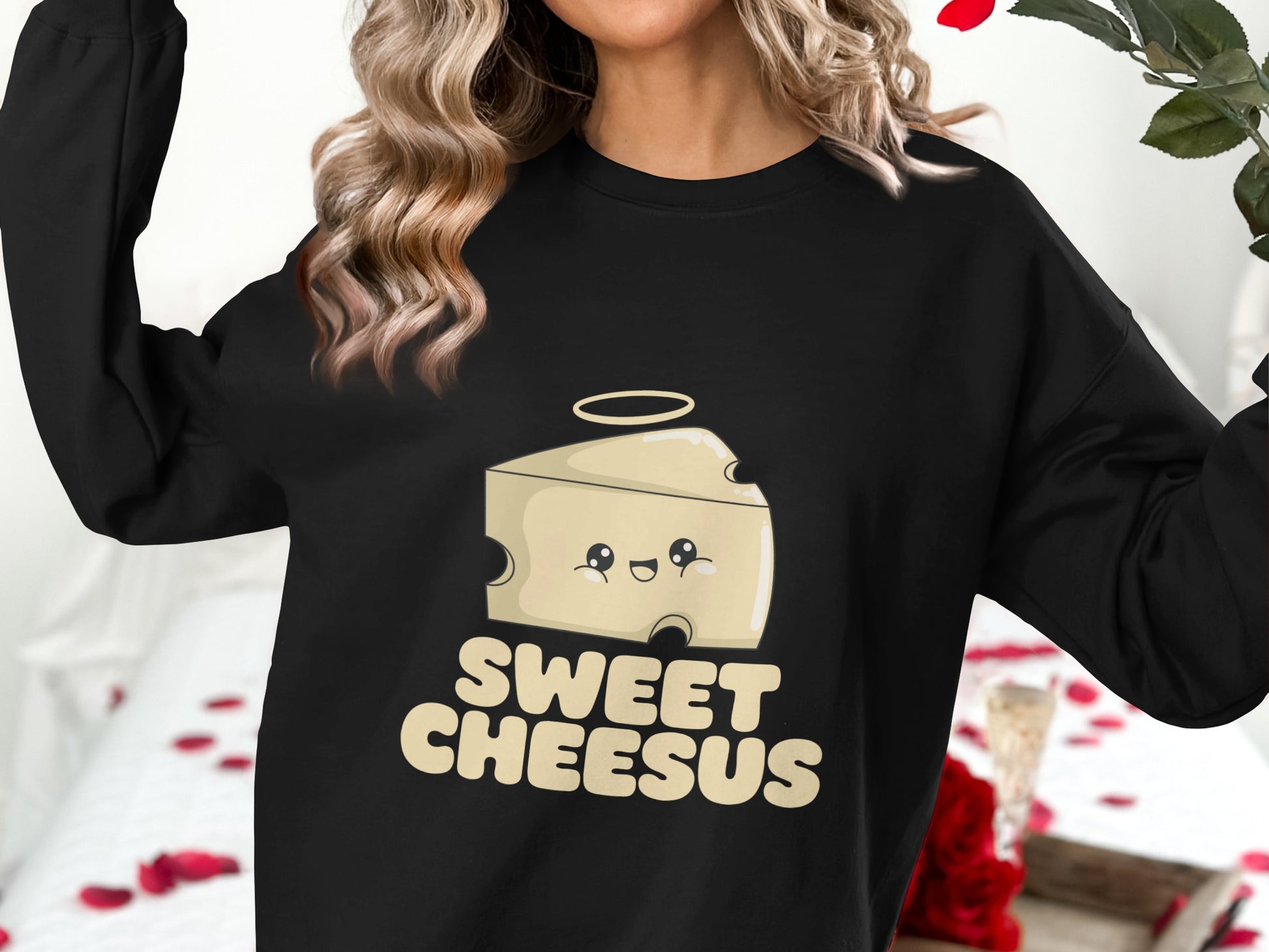 Black sweatshirt with a "Sweet Cheesus" cartoon cheese graphic.