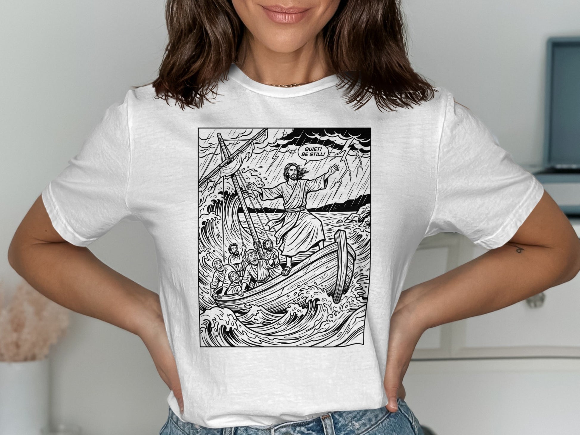 Jesus calming a storm from a boat, with text "QUIET! BE STILL!".