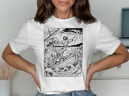 Jesus calming a storm from a boat, with text "QUIET! BE STILL!".