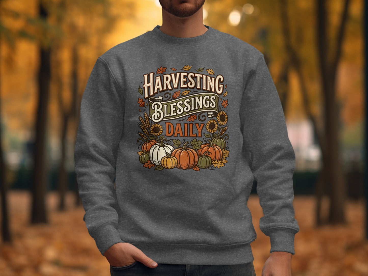Gray sweatshirt with "Harvesting Blessings Daily" text and fall harvest graphics.