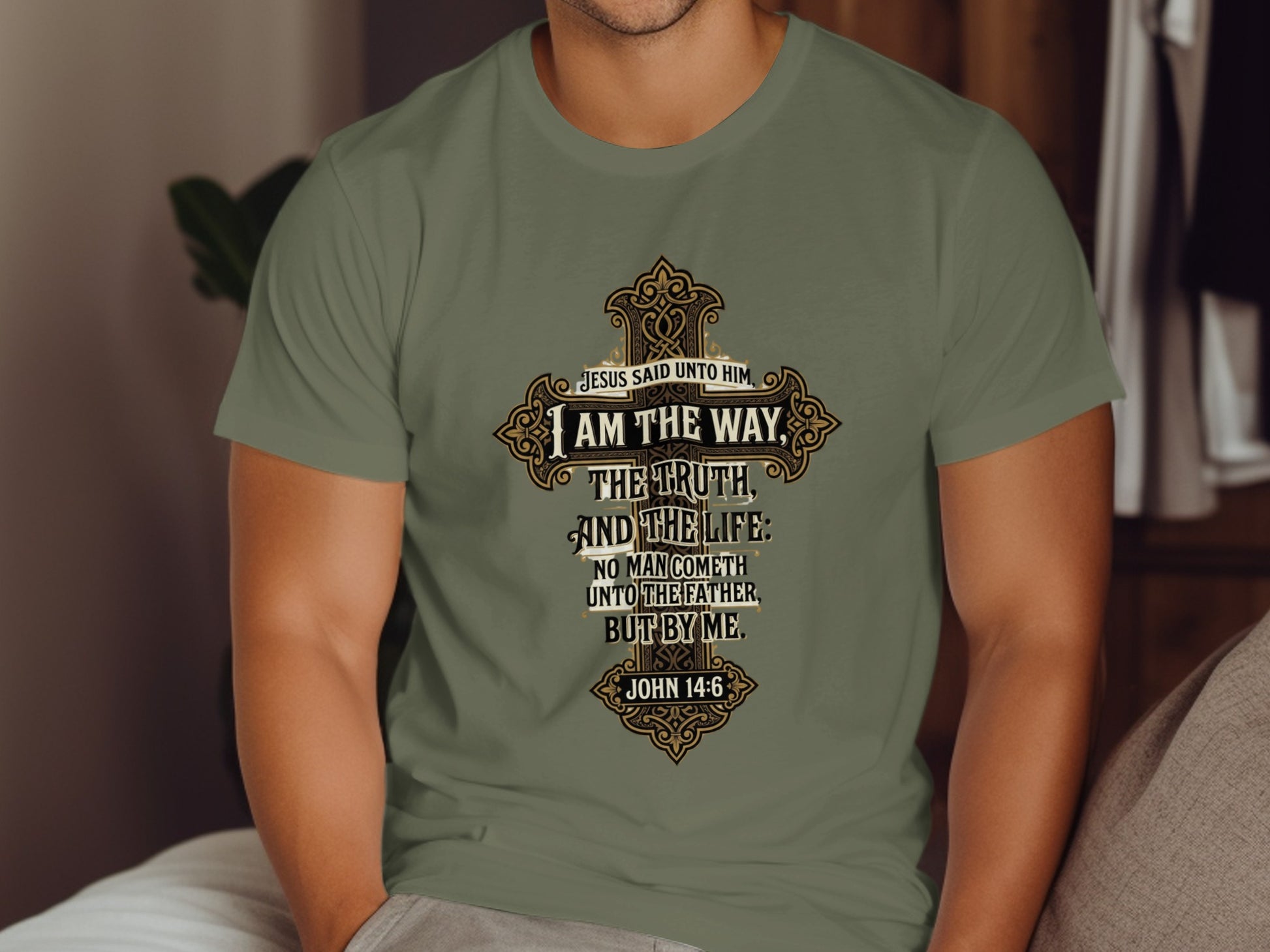 Olive green t-shirt with ornate cross and John 14:6 Bible verse.
