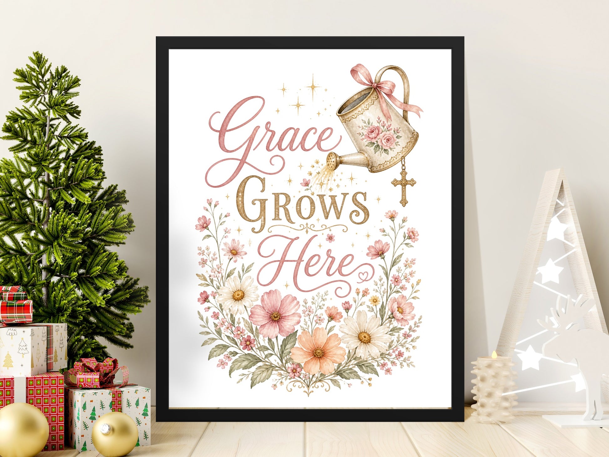 Framed art with quote "Grace Grows Here" surrounded by floral design.
