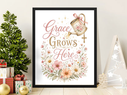 Framed art with quote "Grace Grows Here" surrounded by floral design.