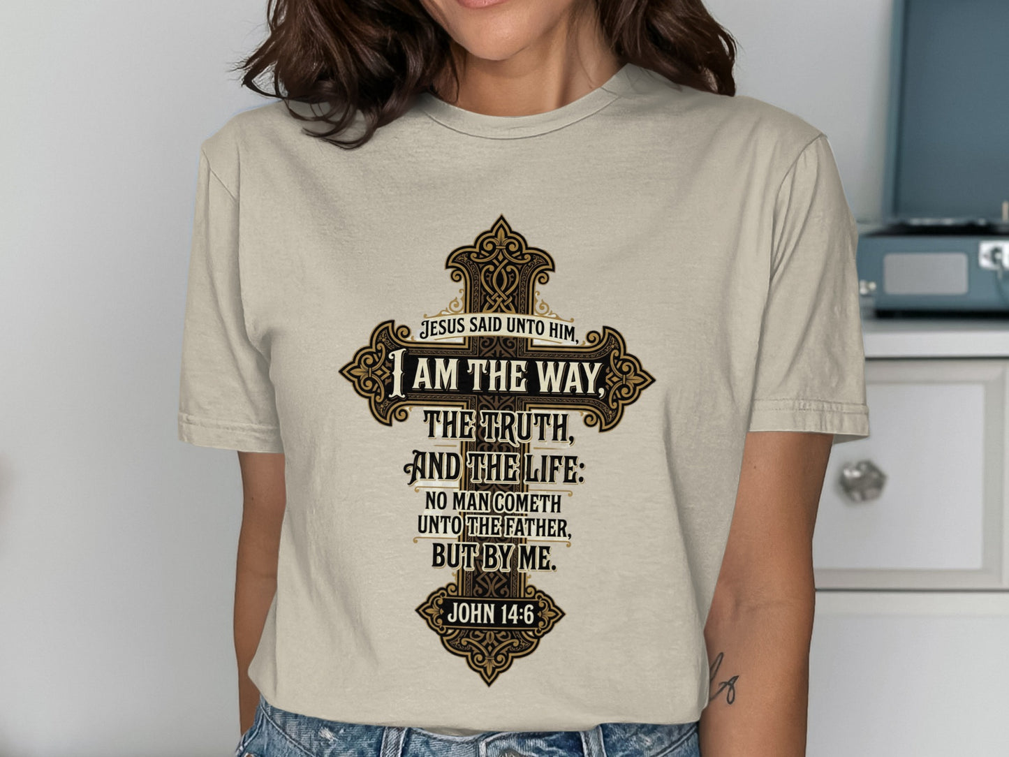 T-shirt with cross design featuring Bible verse "I am the way, the truth, and the life."