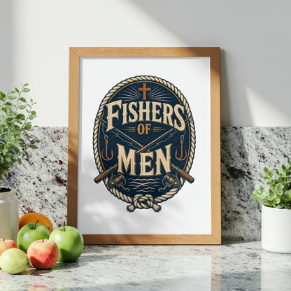 Wooden framed art with "Fishers of Men" text, fishing rods, and hooks.