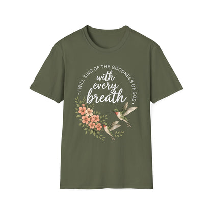 Christian Shirt for Women – With Every Breath Hummingbird Floral Inspirational Faith Based Graphic T-Shirt