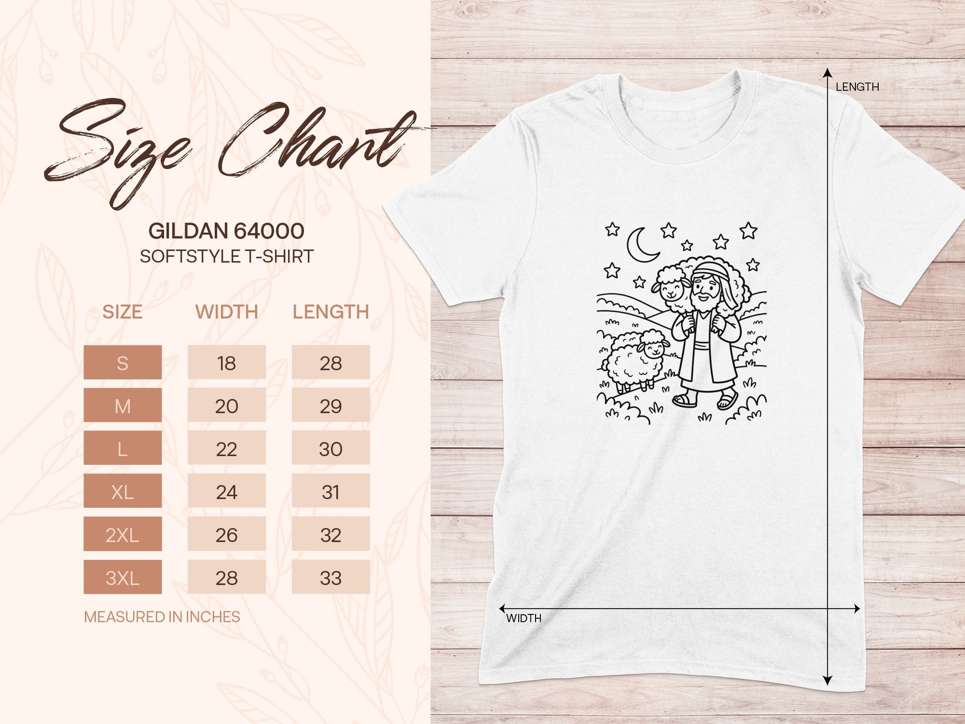 Gildan 64000 size chart with t-shirt graphic.