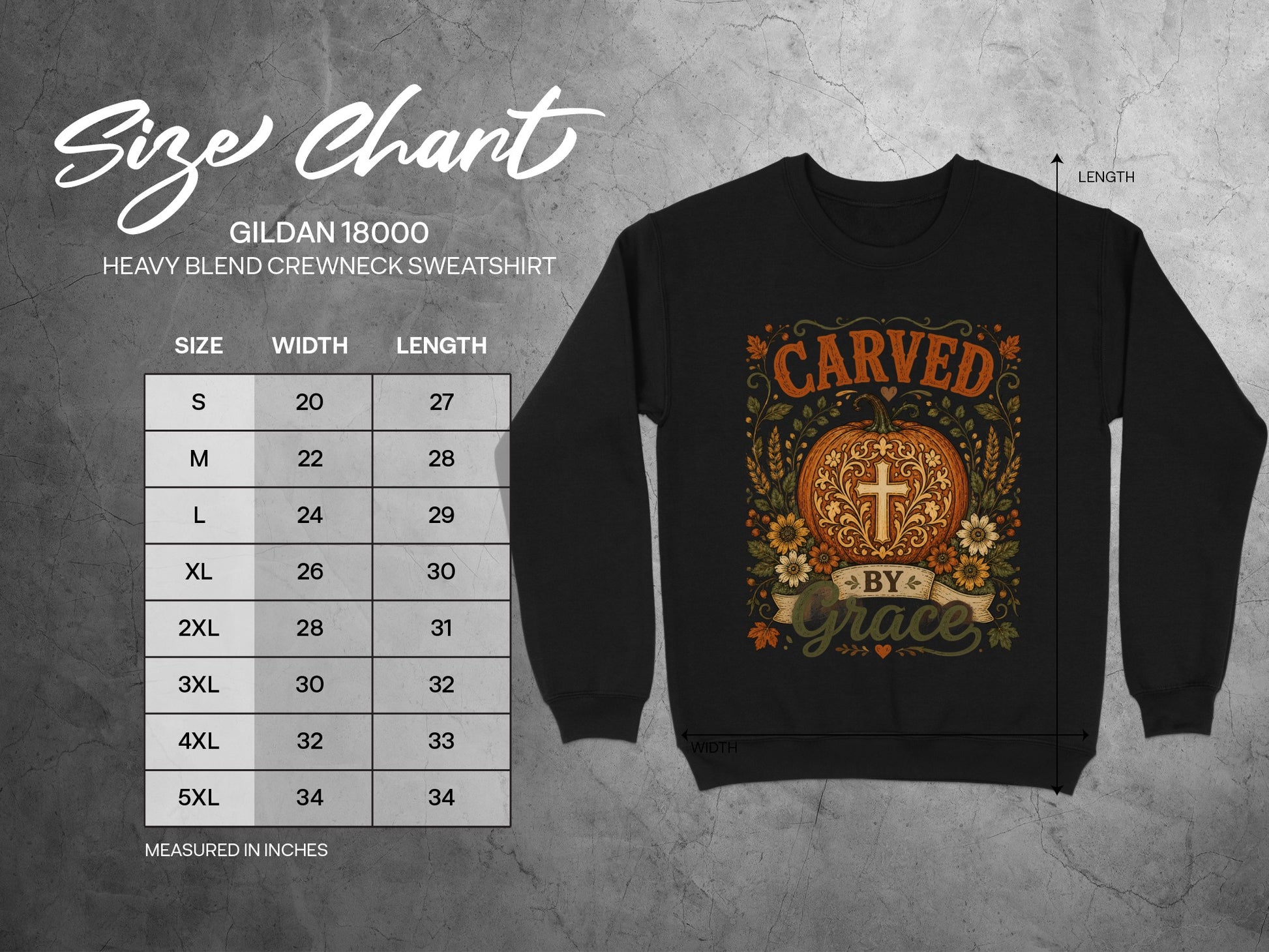 Gildan 18000 sweatshirt size chart with width and length measurements.