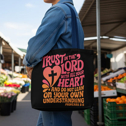Black tote bag with colorful text and heart, featuring Proverbs 3:5.