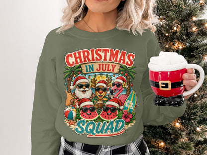 Crewneck sweatshirt with "Christmas in July" text, tropical scene, Santa, reindeer, and flamingo.