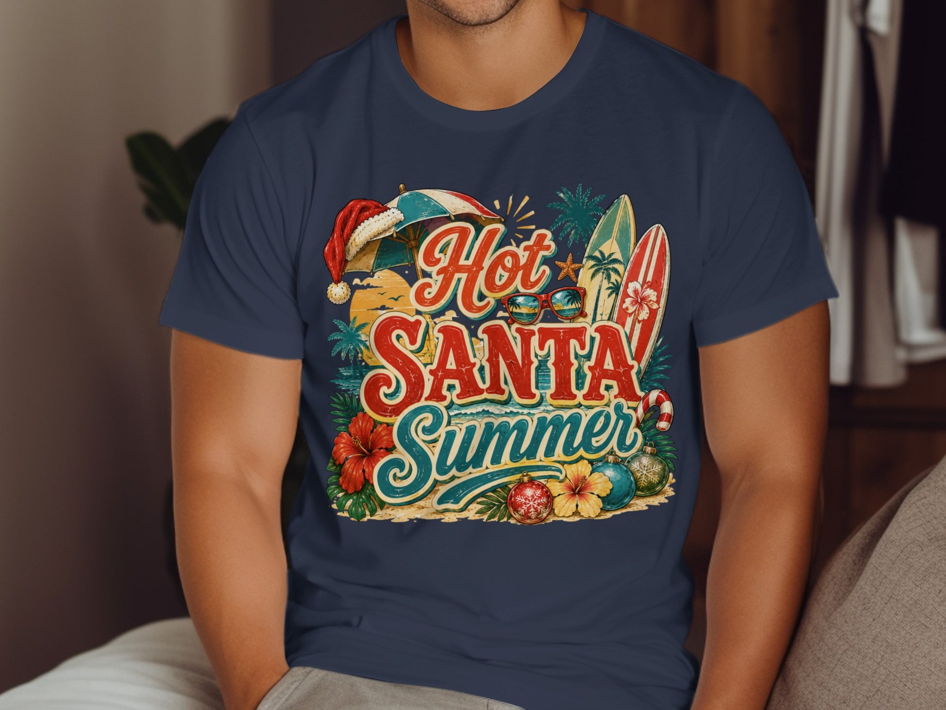 T-shirt with "Hot Santa Summer" text and tropical, beachy Christmas graphics.