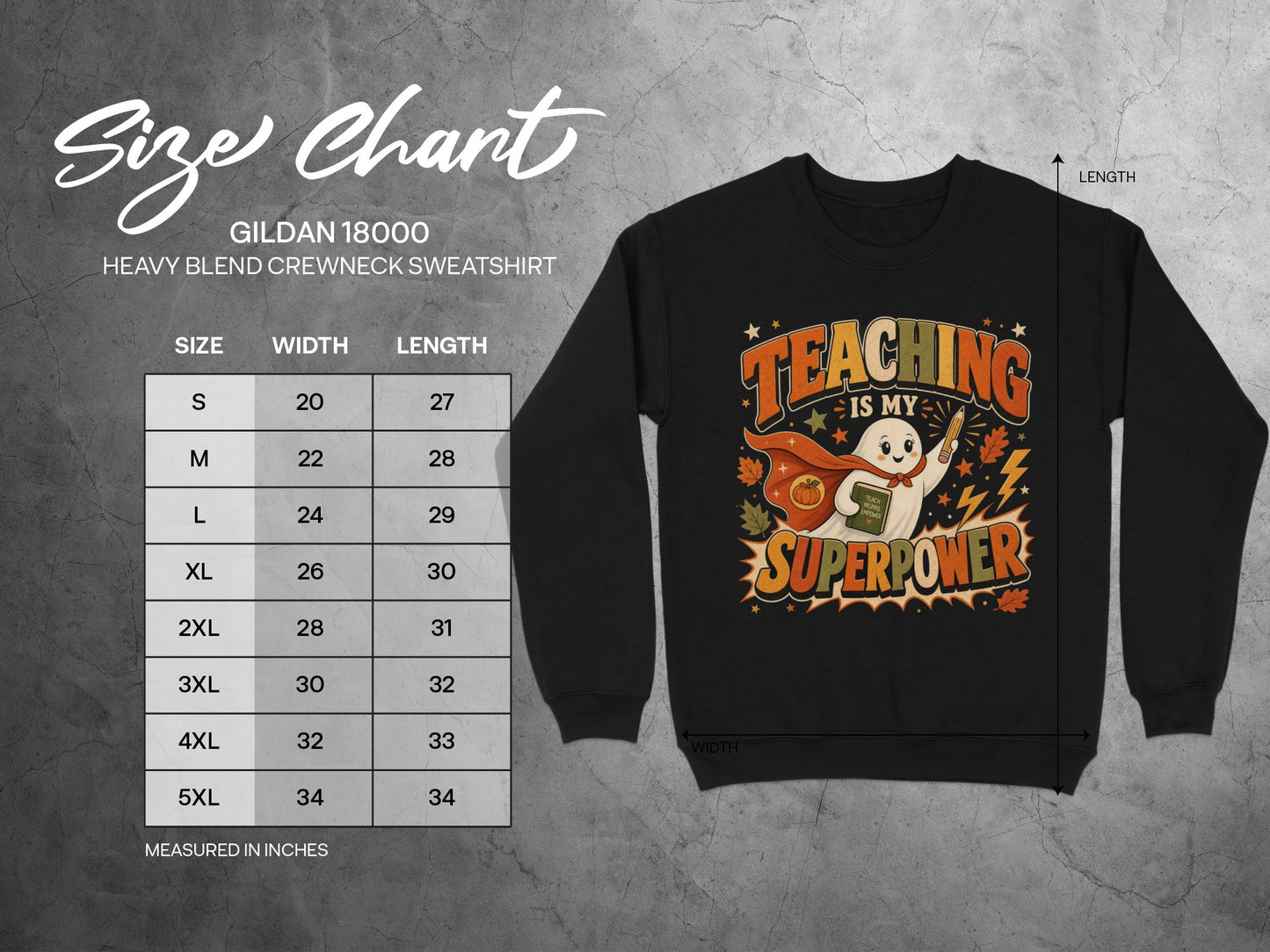 Gildan 18000 sweatshirt size chart with measurements for width and length.